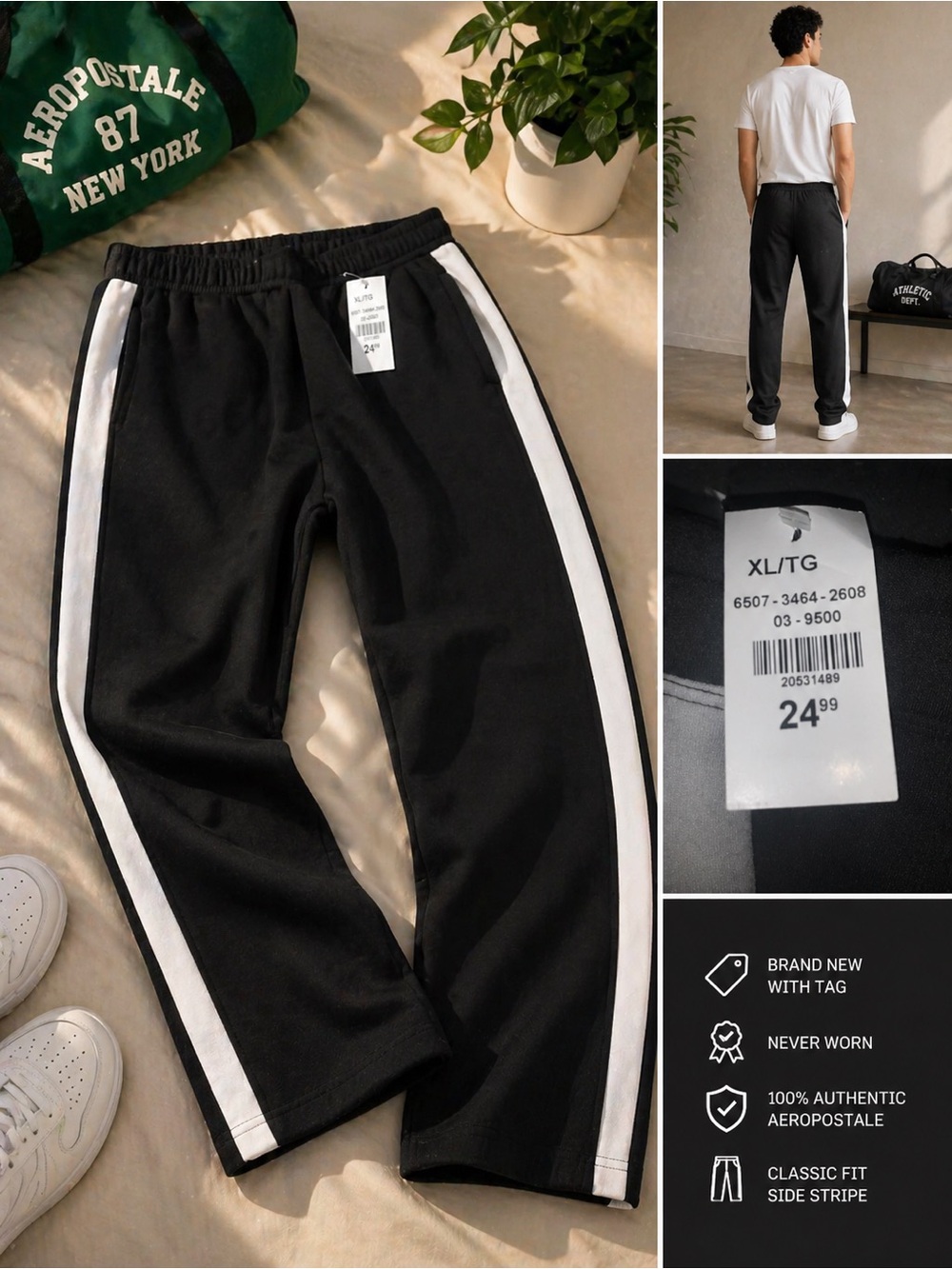 Aeropostale Black Joggers with White Side Stripes